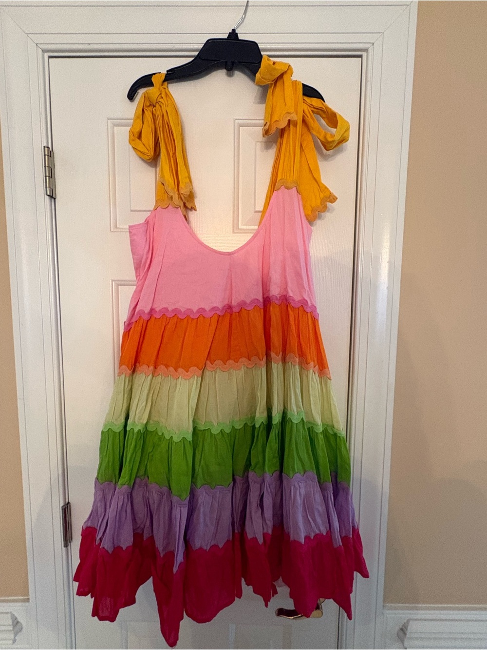 Tie-Shoulder Rainbow Tiered Summer Dress - Pink, Orange, Green, Purple
